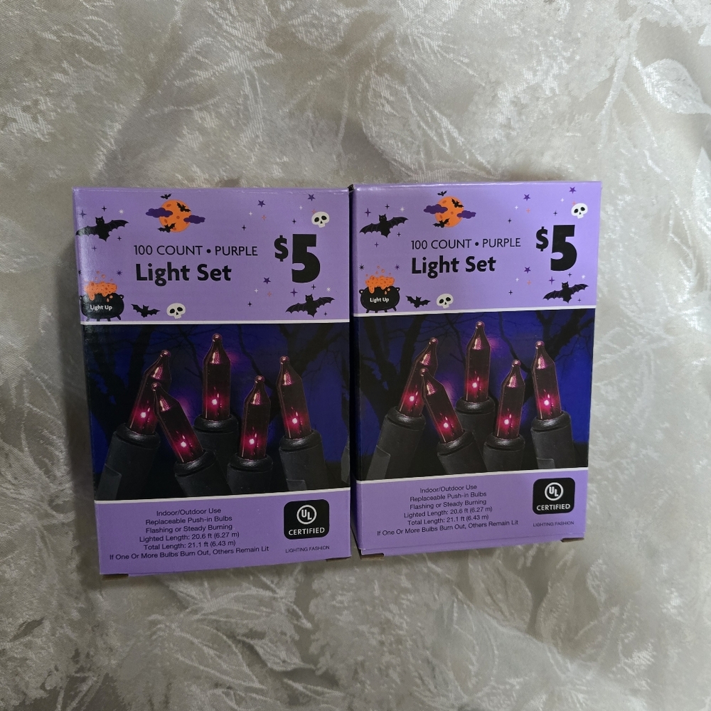 Lot Of 2 Halloween Purple String Indoor/Outdoor 100 Light Party Brizled Spooky